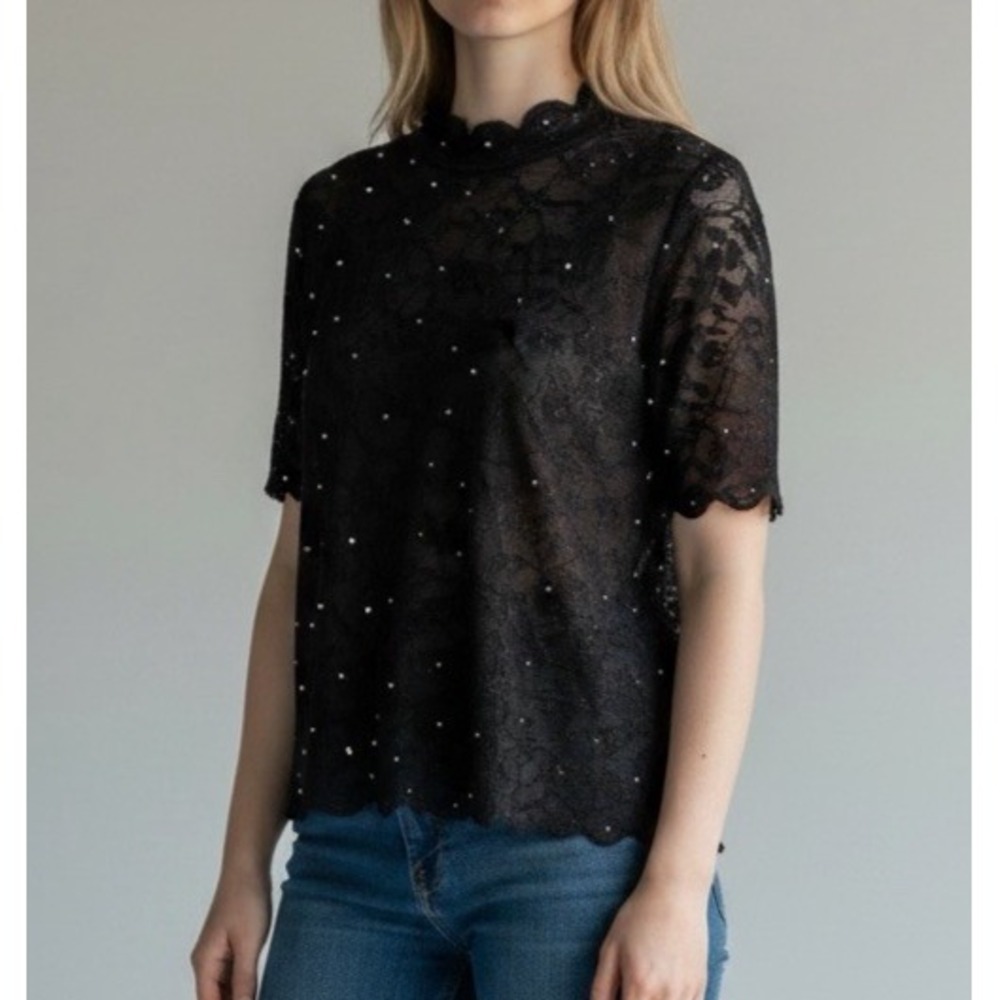 ST. JOHN EVENING Black Sparkle Paillettes Short Sleeve Santana Knit Top Size 10